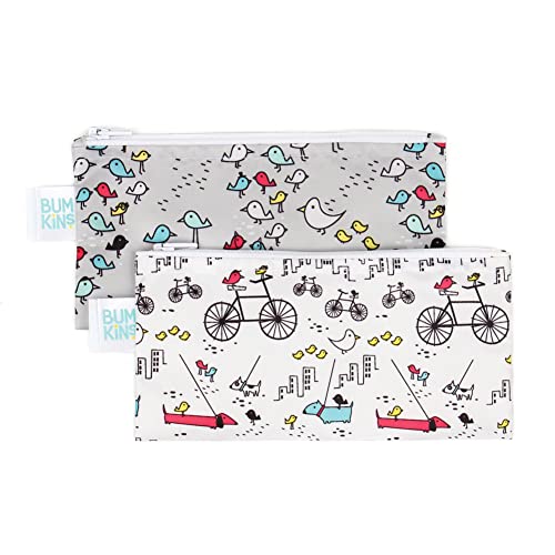 Image of Bumkins Reusable Snack Bags, for Kids School Lunch and for Adults Portion, Washable Fabric, Waterproof Cloth Zip Bag, Supplies Travel Pouch, Food-Safe, 2-pk Urban Bird Park