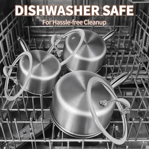 EWFEN 3 Ply Stainless Steel Sauce Pan Set with Lids, 1 & 2 & 3 Quart Multipurpose Cooking Pot, Stay-Cool Handle, Induction Oven Dishwasher Safe, 1QT & 2QT & 3QT by EWFEN - Image 9
