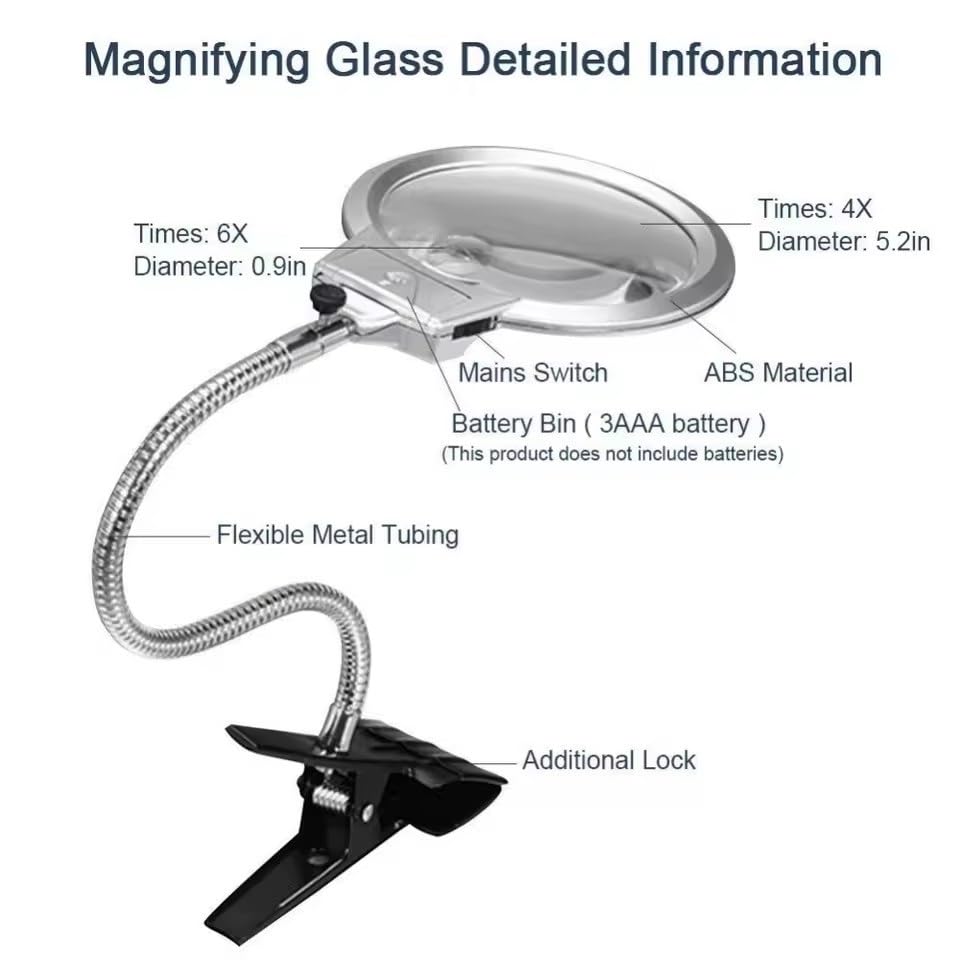 Lámpara de aumento plegable iluminada ajustable de 360 grados, lente 2 x 5X