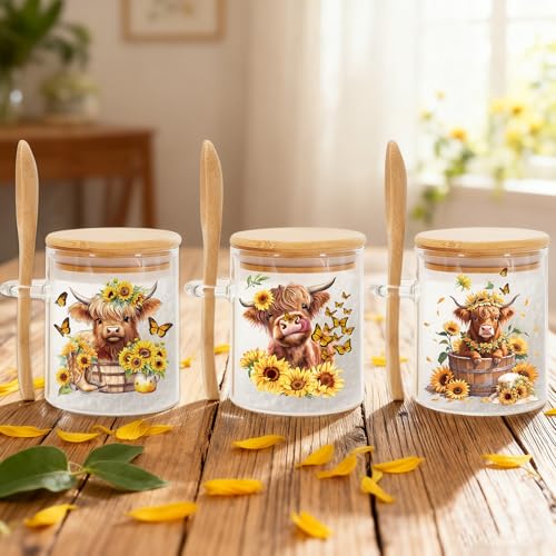 FYSUIMU 3Pcs 13 Oz Spring Summer Glass Jars with Lids and Spoons Highland Cow Sunflower Airtight Candy Condiment Container Bowls for Goodie Sugar Cookies Treat Storage Hot Cocoa Bar Supplies