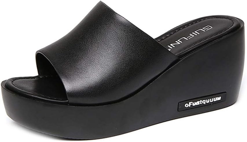 MIOKE Women's Slip On Wedge Slide Sandals Casual Peep Toe Comfort Summer Chunky High Heel Platform Sandal