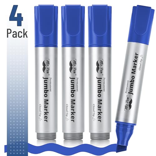 Image of Mr. Pen- Jumbo Permanent Markers, 4 Pack, Blue, Chisel Tip, Wide Tip, Large | Thick Permanent Markers for Canvas, Posters Board, Fabric, Window, Glass, Wood, Waterproof, Quick Dry