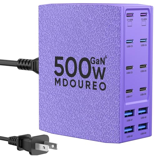 Image of 500W USB C Charger Block, 12-Port USB C Charging Station for Multiple Devices, Leather Texture Dual PD 65W Laptop Fast Charger Compatible with MacBook Pro /Air, iPad, iPhone,Galaxy and More,Purple
