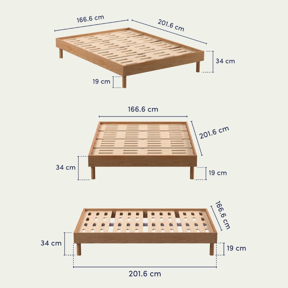 Diagram showing the dimensions of the Koala Urban Bed Frame: 166.6 cm width, 201.6 cm depth, 34 cm height, and 19 cm leg height.