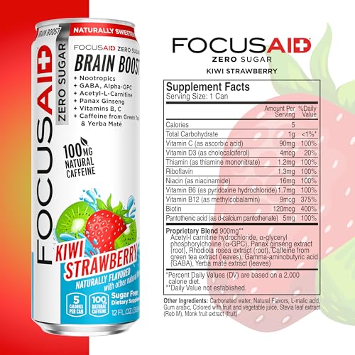 Image of FOCUSAID ZERO SUGAR Nootropics Blend, Alpha-GPC, GABA, 100mg Natural Caffeine from Green Tea, Yerba Mate, Vitamin B-Complex, Keto-Friendly, No Artificial Sweeteners, 12 Fl Oz (Pack of 24)