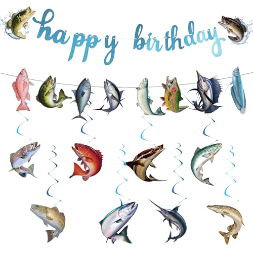 Bannière d'Anniversaire Thème Pêche avec Guirlande Poisson et Décorations Suspendues, Décoration Fête Retraite, pour Fête Thème Pêche et Adieupour Fête Retraite et Mur