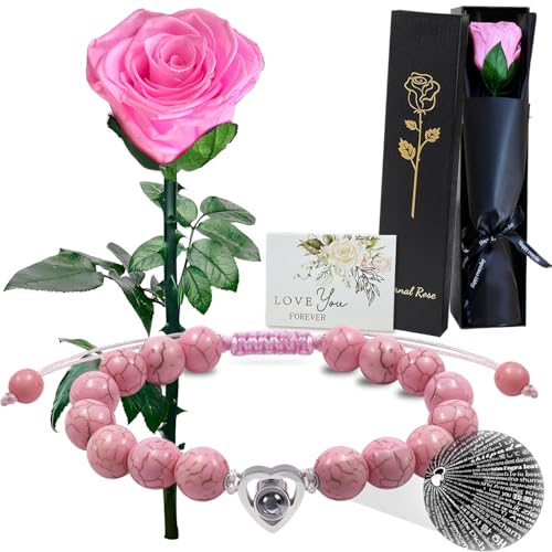 Rosa Real com Haste, Rosa Eterna Preservada, Ramo de Flores Naturais Feito à Mão para Dia das Mães, Dia dos Namorados, Natal, Ação de Graças, Mãe, Avó, Noiva, Aniversário, Aniversário de Casamento
