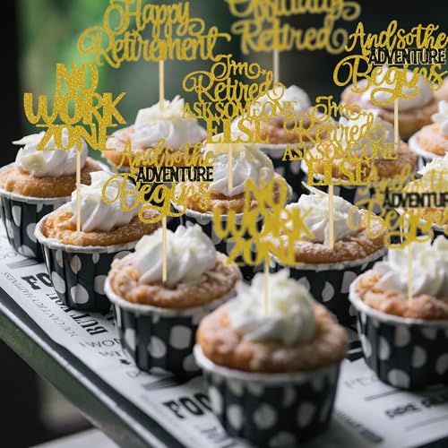 30PCS Happy Retirement Cupcake Toppers Glitter Officially Retired No Work Zone Adventure Begins Cake Topper Retirement Party Decorations Supplies (Gold) by ZogCowy - Image 5