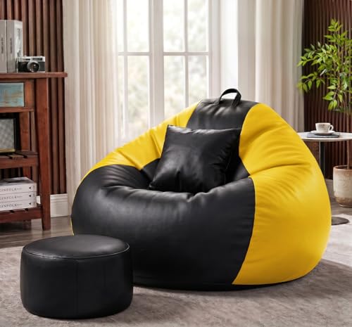 Image of Sattva Classic 4XL Bean Bag Chair with Beans Filled | Faux Leather Sofa Style Beanbag Combo with Footstool & Cushion | Pre-filled Beans Bag with Beans for Adults | Large Bin Bags Sofa - Black & Yellow