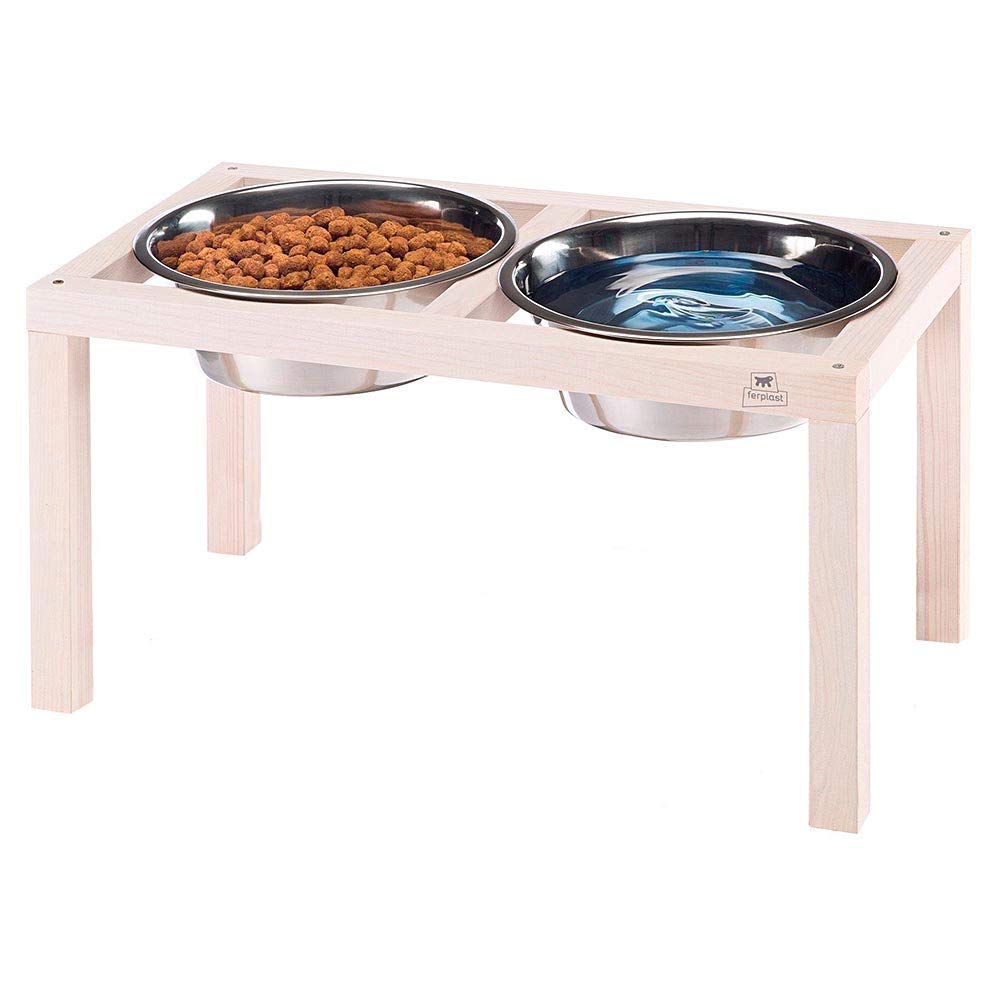Ferplast Desco Wood Porta Comedero para Perro con 2 Comederos de acero inoxidable - Elegante Comedero para agua y comida para Perro de madera elevada, antideslizante, 5,6 litros