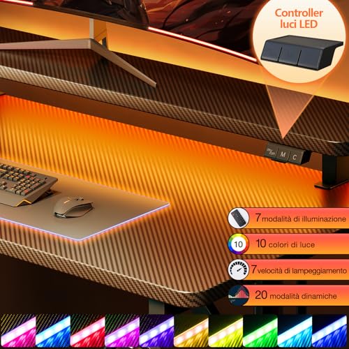 Scrivania Gaming con Luci LED, 100cm Postazione Gaming con Supporto per Monitor, Scrivania Computer in Fibra di Carbonio Nera - Scrivania Gaming - Immagine 6