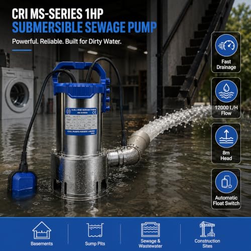 Image of CRI Single Phase MS- Series, 1Hp /750W Submersible Sewage Pump with Float Switch (12000 L /H, Head 8m) I Water Drainage Pump | Water Pump 1hp | 15 Months Warranty