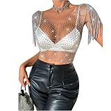 RARITYUS Women Sparkle Rhinestone Mesh Crop Top Sexy Fringe Shoulder T Shirt Hollow Out Crystal Tank Tops Party Clubwear Silver