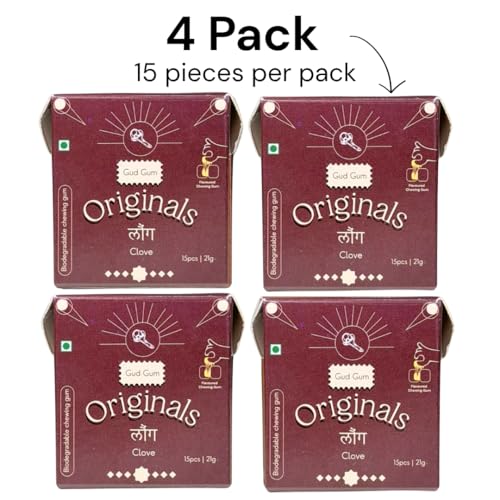 Image of Gud Gum- Natural, Plastic Free Chewing Gum- Clove, Cardamom, Fennel, Cinnamon- 21g x 4 - Mini Pack of 4- No added artificial colours, flavours & sweeteners (4 Packs, 60 chewing gums) (Pack of 4, Clove)