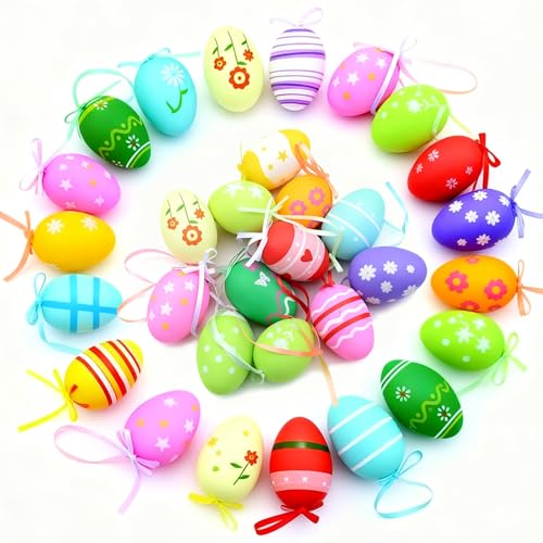 24Pcs Easter Hanging Eggs Ornaments for Small Tree Decorations,Muticolored Plastic Easter Egg Tree Ornaments,Decorative DIY Crafts Basket Decor,Spring Home Party Favor Supplies