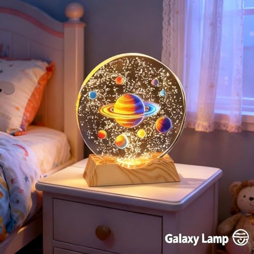 Image of 3D Acrylic Planets Crystal Ball Night Lamp with Wooden Base | Space Theme Saturn Light | Warm Light Table Lamp for Home Decor, Bedroom & Gifts | Aesthetic Night Light for Kids & Adults