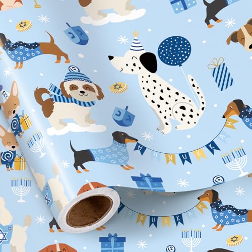 RUSPEPA Rollo De Papel De Regalo De Perro De Hanukkah Para Niños Y Niñas, Lindos Perros Con Diseño De Menorá Y Dreidel, Regalo Azul Papel De Regalo Para Amantes De Las Mascotas, 43,2Cm X 5M RUSPEPA Rollo De Papel De Regalo De Perro De Hanukkah Para Niños Y Niñas, Lindos Perros Con Diseño De Menorá Y Dreidel, Regalo Azul Papel De Regalo Para Amantes De Las Mascotas, 43,2Cm X 5M
