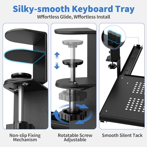 Strifuture Keyboard Tray Under Desk - Full Metal Slide Out Holder, Rust-Resistant & Scratch-Proof, Double C-Clamps, 26x13\" Tray for L Shape/Regular Desks, Standing/Sitting Workstation(Black-B)