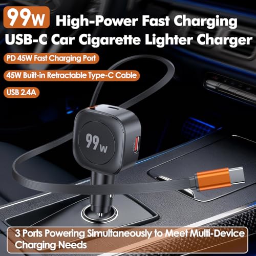 Cargador de coche 99W retráctil de carga rápida triple para mechero de 12V y 24V 2