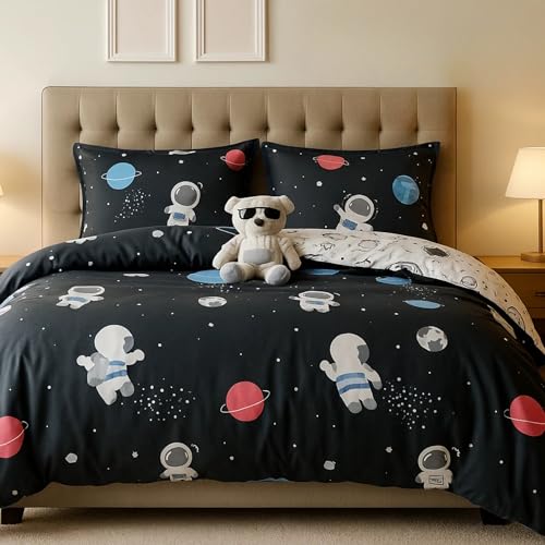 Image of Famyo King Size Bedsheet Set with 2 Pillow Covers, 250 TC Fitted Kids Bedsheet, Comforter & Comforter Cover (5pc Set) - Home Decor, 72x78 inches, Astronaut in Space Design - Grey, White