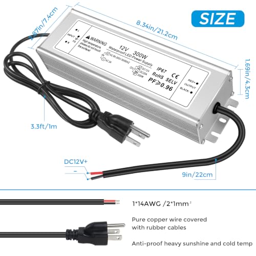Image of 12V 300W LED Power Supply, IP67 Waterproof LED Driver, AC 80-265V to DC 12 Volt 25A Low Voltage Transformer Converter for Outdoor LED Strip & Landscape Lighting, 3-Prong Plug
