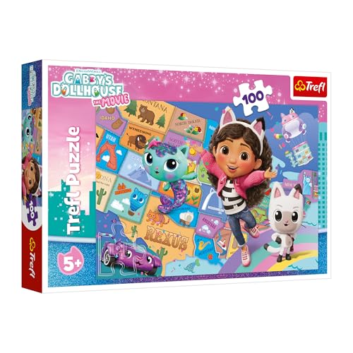 Trefl - Gabby's Dollhouse, L'amicizia nella casa dei gatti - Puzzle da 100 pezzi - Puzzle colorato con personaggi delle fiabe, per bambini dai 5 anni in su