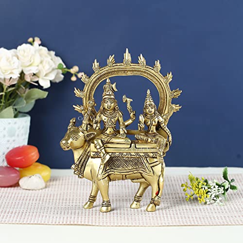 Image of Collectible India Brass Shiva Idol God Shiva Parvati Idol Sitting On Nandi Statue Diwali Decor Gifts(Size 7.5 x 5 Inches).