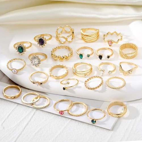 19-36 Pcs Gold Boho Knuckle Rings Set for Women, Vintage Stackable Dainty Joint Finger Gold Jewelry Set with Love Pearl and Sparkling Crystals3