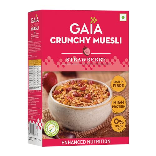 Image of Gaia Crunchy Muesli- Strawberry. Power-packed low calorie healthy breakfast, High Fiber,Source of Iron,No Trans Fat,No Cholesterol,Nutritious breakfast choice |400 gm