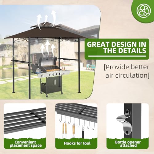 Incbruce 8\' X 5\' Grill Gazebo Canopy, Outdoor BBQ Gazebo Canopy with Double Tiered Tent Roof Cover & Metal Frame for Patio, Garden, Backyard (Brown) - Thumbnail 3