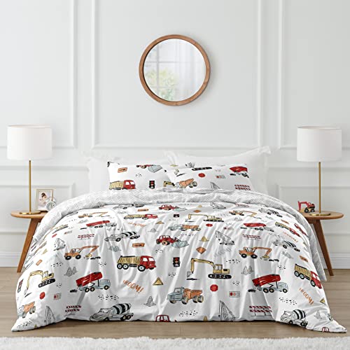 Image of Sweet Jojo Designs Construction Truck Boy Full /Queen Size Kid Childrens Bedding Comforter Set - 3 Pieces - Grey Yellow Orange Red and Blue Transportation Chevron Arrow