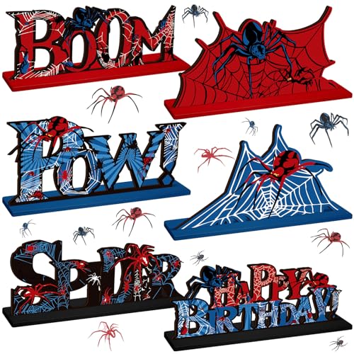 Image of Yuntau 6 Pcs Spider Bithday Party Decoraions Spider Wooden Table Centerpiece Red and Blue Pattem Design Happy Birthday Table Centerpiece Sign for Boy Cartoon Party Supplies