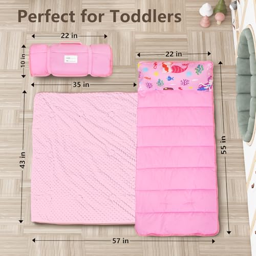 Image of Primlect Toddler Nap Mat with Removable Pillow and Fleece Blanket, Extra Large 55''x35'' Sleeping Bag, Washable, Light, Easy to Roll up, Perfect for Daycare, Preschool, Kindergarten, Travel