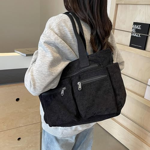 Image of YDF Corduroy Tote Bag for Women Crossbody Purse with Zipper, Aesthetic Multi Pocket Work School Bag, Gifts for Mom Teacher