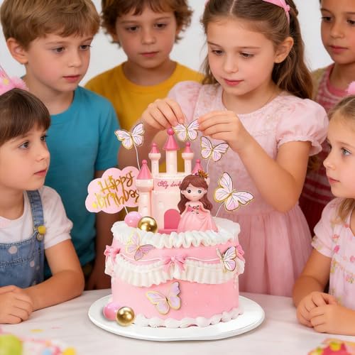 Shamoparty 19 accessoires pour gâteaux de princesse, articles sur le thème de la princesse, fête d'anniversaire pour filles, baptême, article papillon château, décoration rose et dorée – vue 8