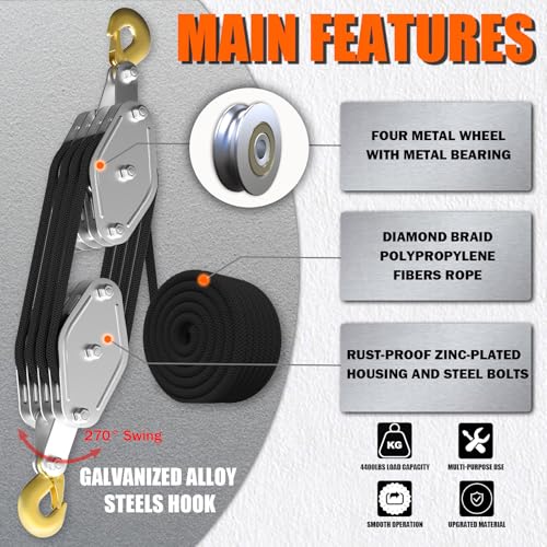 image for YATOINTO Rope Hoist Pulley System, 4400LB Pulley Block and Tackle, 8:1