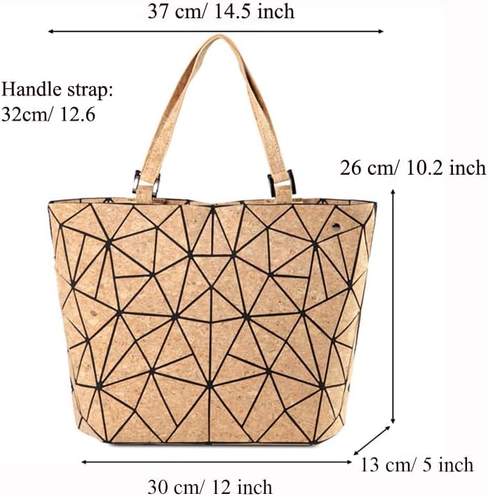 Geometric Tote Bag - Cork Handbag Top Handle Shopping Shoulder Bag Summer Beach Bag for Women Girls (Handbag with long strap) - Image 4