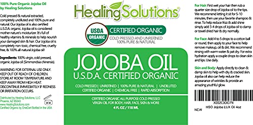 Jojoba Oil (Organic - 4Oz) 100% Pure & Natural - Cold Pressed Unrefined - Hexane & Chemical Free - Natural Carrier Oil & Cuticle Oil Solution For Face & Hair, Helps Fight Acne & Moisturize Skin Now #TOP1