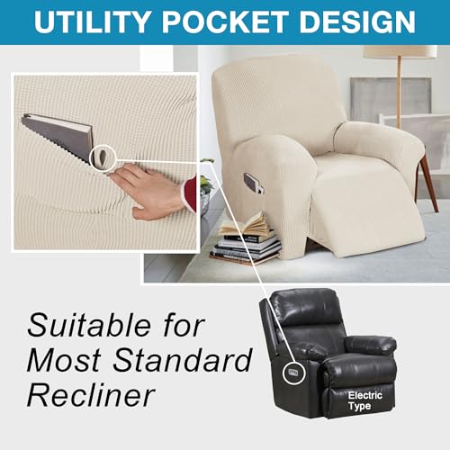 Flamingo P Stretch Recliner Chair Cover for Electric/Manual Style | Furniture Cover for Reclining with Side Pocket, Soft Checked Jacquard Fabric Form Fitted Standard/Oversized - Biscotti Beige