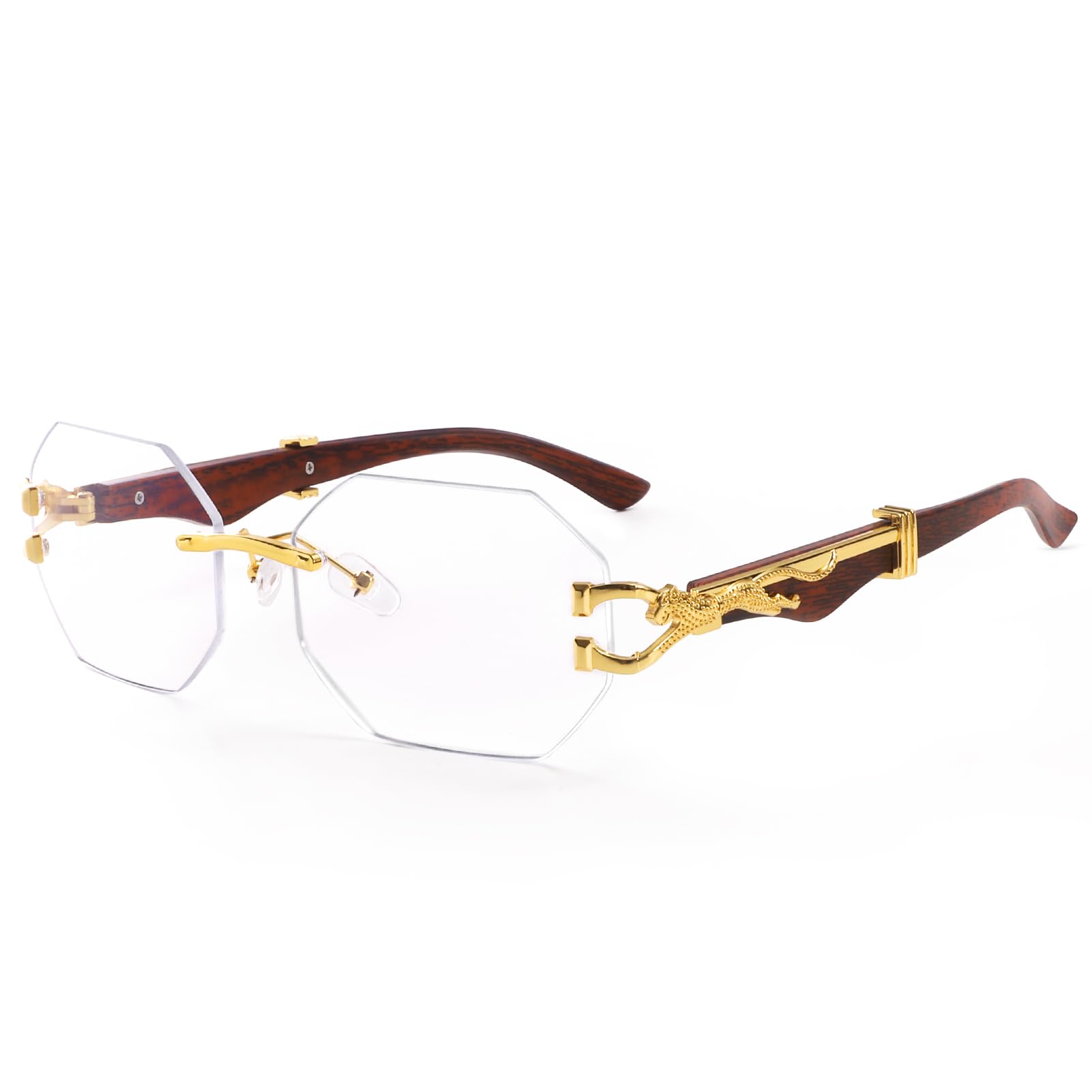 Dollger Rimless Sunglasses for Women Men Luxury Designer Fashion UV400 Glasses 70s 80s Shades with Wood Grain Temples