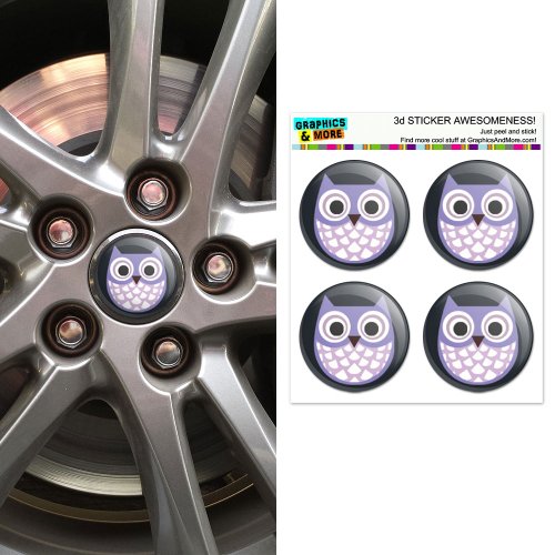GRAPHICS & MORE Cute Purple Owl Wheel Center Cap 3D Domed Stickers Badges - Set of 4