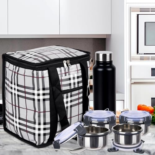 Image of Kuber Industries Lunch Bag|Lunch Bag for Office, College, Adults|Reusable|Front Pocket|Check Pattern|Pack of 2|Gray