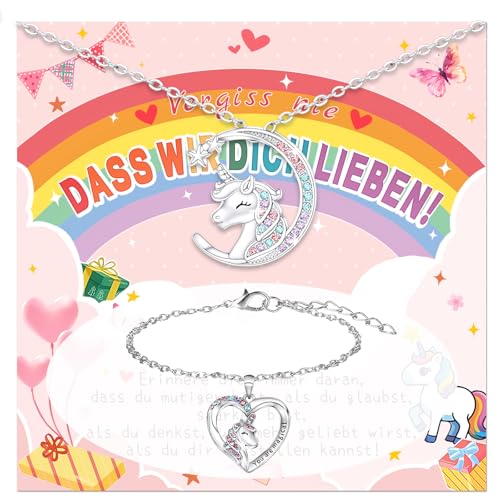Luyuttn Ensemble de collier licorne, cadeau de rentrée des classes, collier licorne croissant de lune + bracelets + carte de motivation porte-bonheur pour fille, mère, fille, petite-fille, nièce