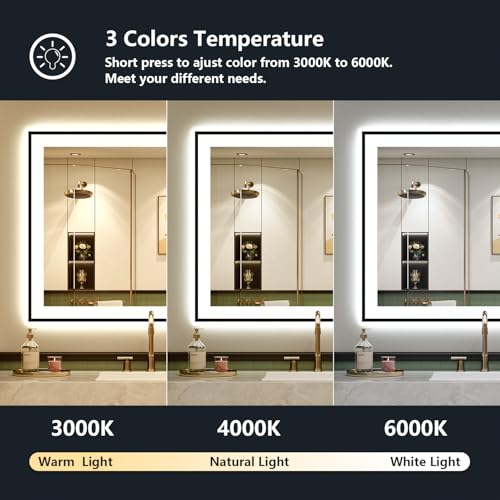 Image of 36x36 Inch LED Bathroom Mirror with Lights (Front Lit and Backlit) Black Framed Lighted Vanity Mirror for Bathroom Wall Dimmable Anti-Fog Memory Tempered Glass Horizontal /Vertical