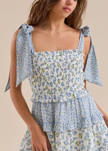 Image of Women Tie Shoulder Mini Dress Floral Ruffle Babydoll Dress Boho Square Neck Sundress Cute Summer Dresses