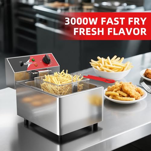 CROSSON 6L Professionelle Elektrische Fritteuse,3000W Kommerzielle Elektrische Fritteuse aus Edelstahl mit Korb, Temperaturkontrolle 80-200°C Schnelles Erhitzen für Heim und Gewerbe