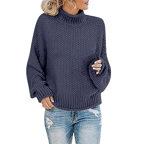 Women's Turtleneck Oversized Sweaters Fashion Batwing Sleeve Pullover Tops Fall Winter Casual Soft Chunky Knit Jumper Navy