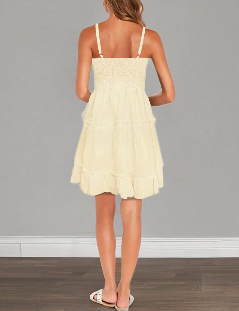 FANCYINN Women Floral Casual Tiered Mini Dresses Spaghetti Strap V Neck Backless A Line Swing Short Dress with Pockets - Image 7