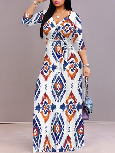 Image of PinkPatty Plus Size Maxi Dress for Women Casual V Neck 3 /4 Sleeve Boho Printed Long Dress with Pockets