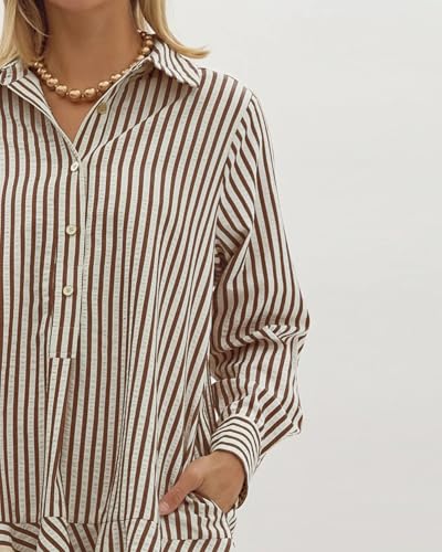 Image of YEXPINE Womens Striped Shirt Mini Dress Long Sleeve Collared Flowy Swing Ruffle Hem Button Up Tunic Dresses